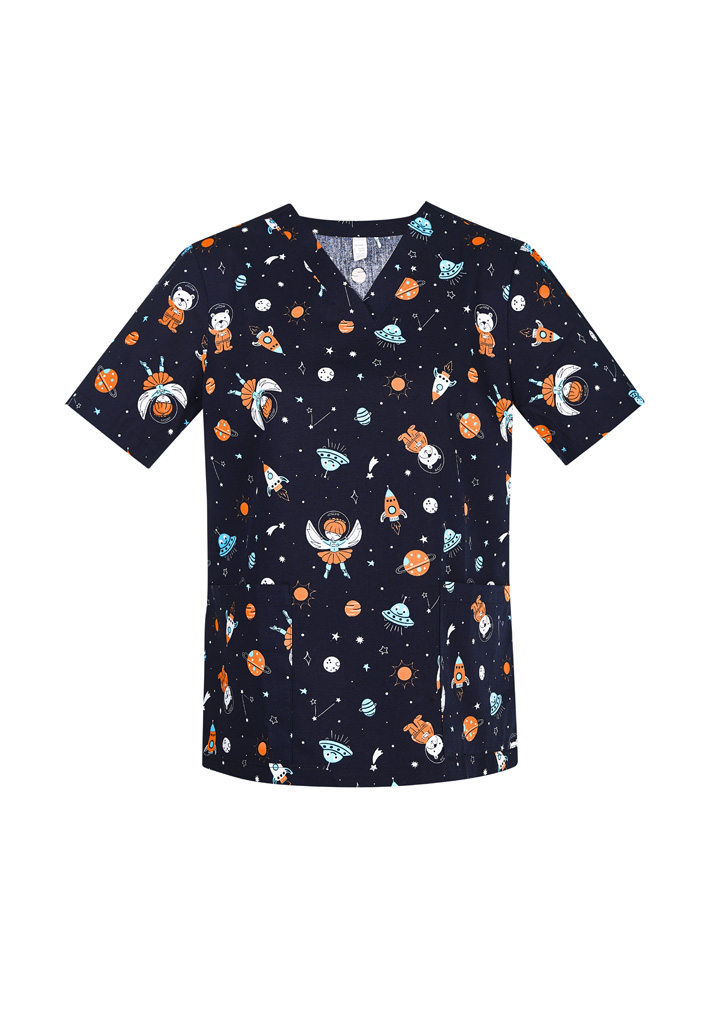 Womens Printed Space Party Scrub Top- Clearance